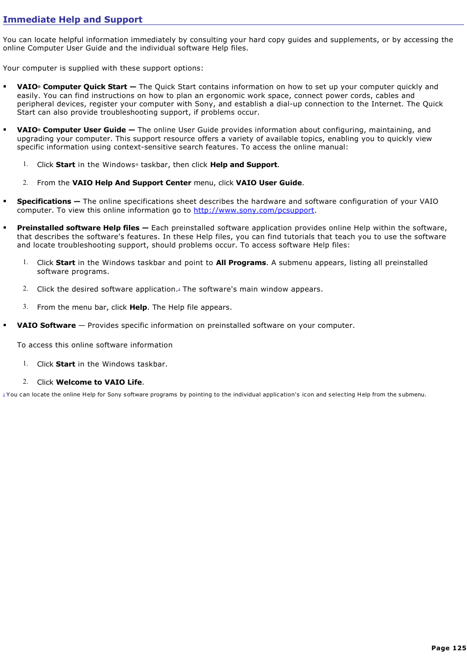 Immediate help and support | Sony PCV-V100G User Manual | Page 125 / 136