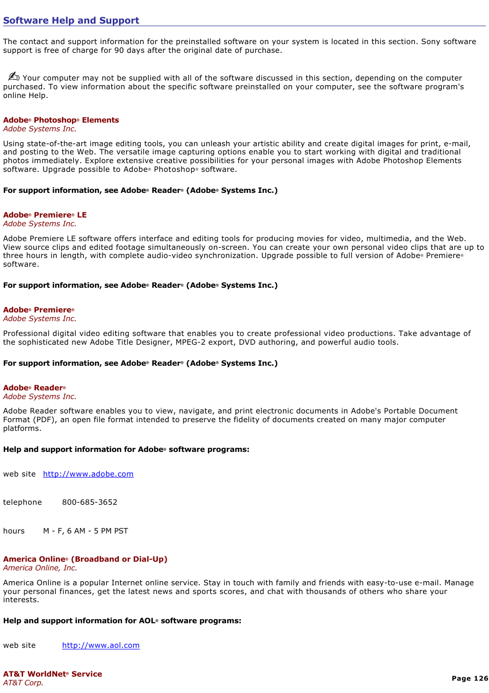 Software help and support | Sony PCV-V100G User Manual | Page 126 / 136