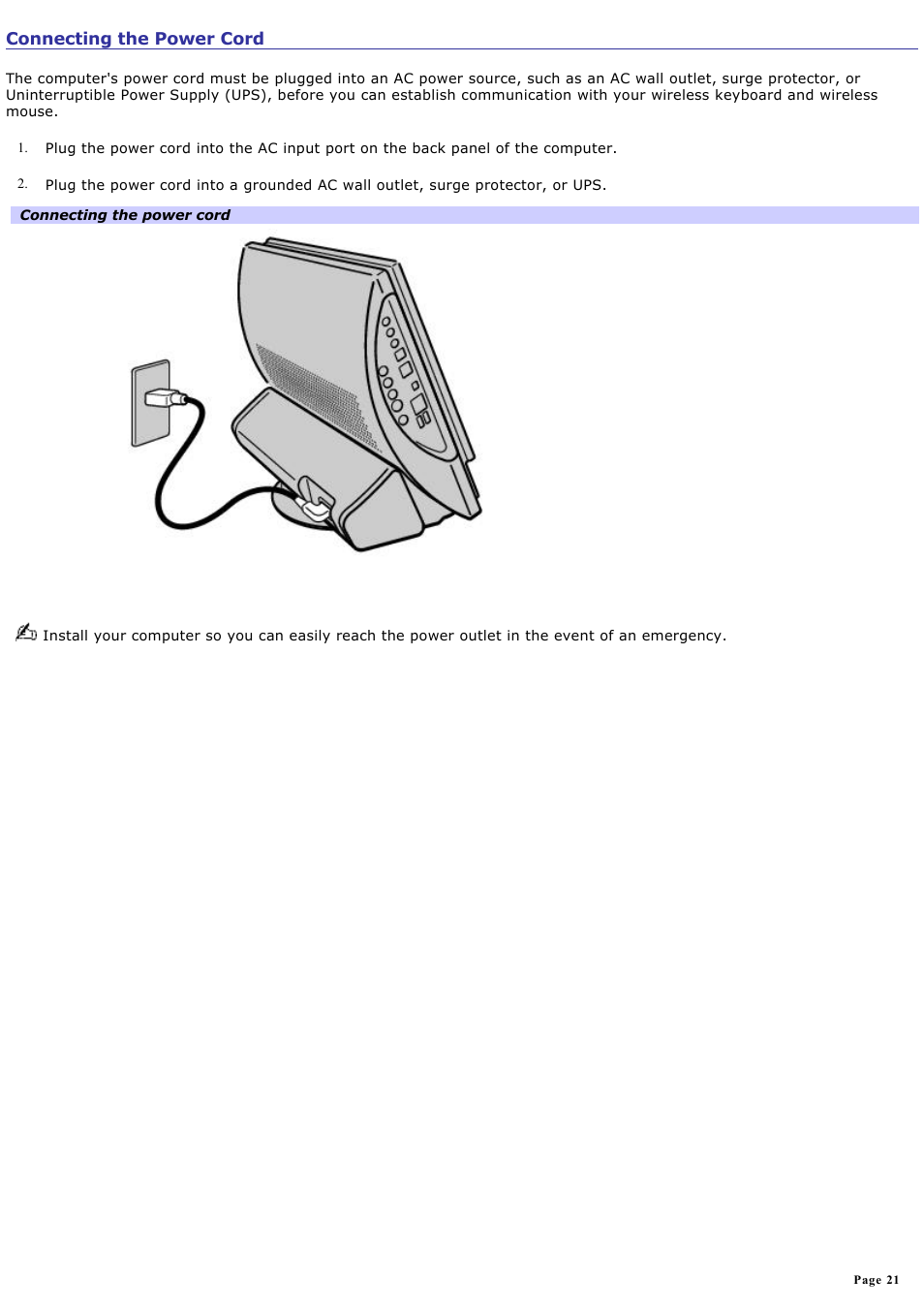 Connecting the power cord | Sony PCV-V100G User Manual | Page 21 / 136