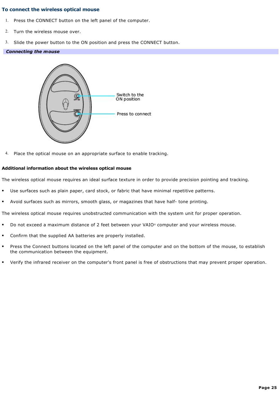 To connect the wireless optical mouse | Sony PCV-V100G User Manual | Page 25 / 136