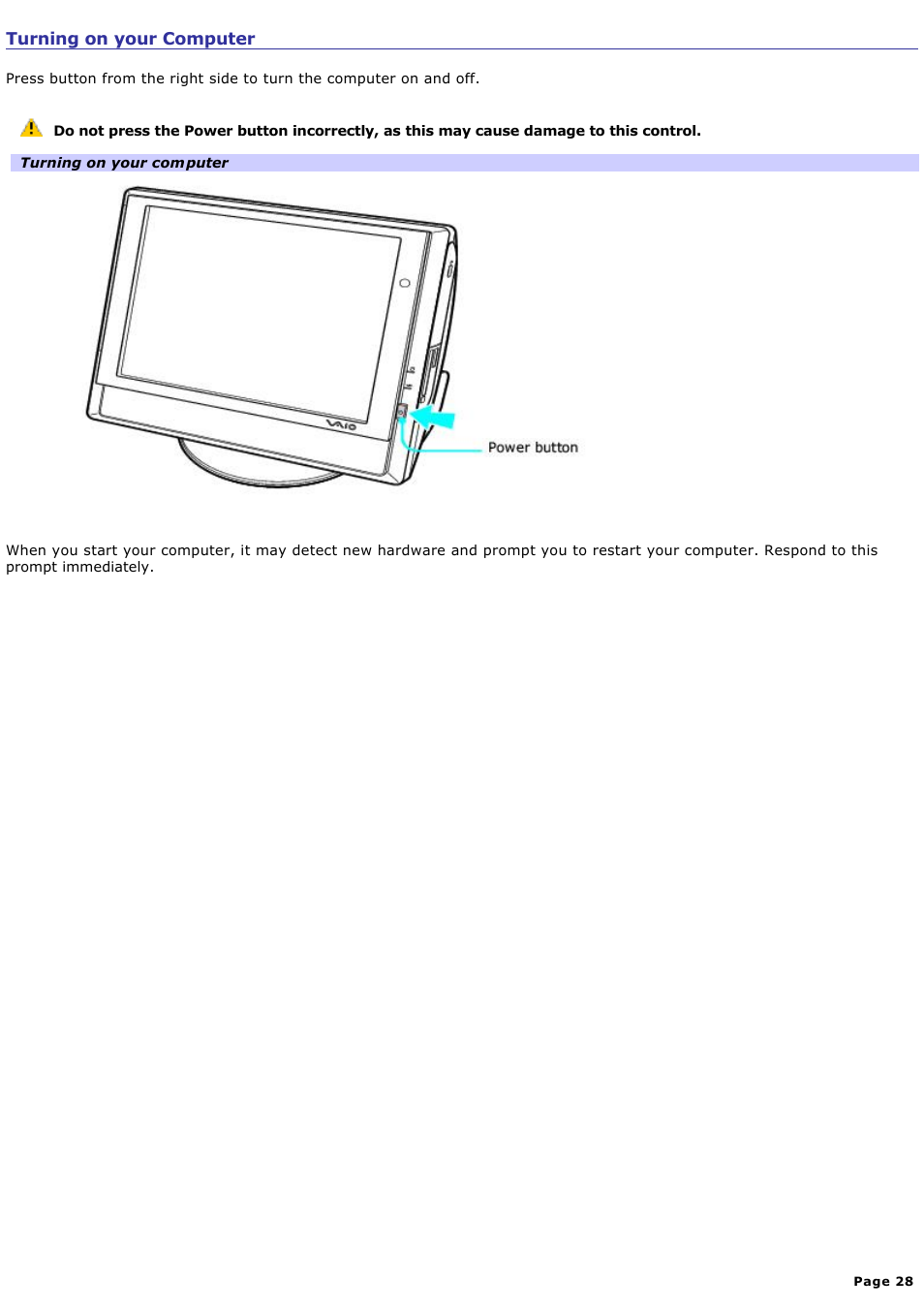 Turning on your computer | Sony PCV-V100G User Manual | Page 28 / 136