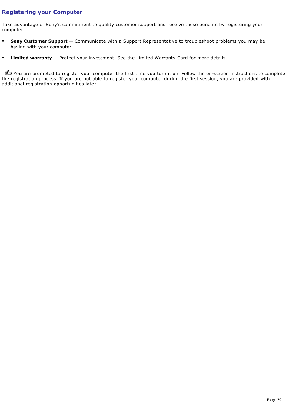 Registering your computer | Sony PCV-V100G User Manual | Page 29 / 136