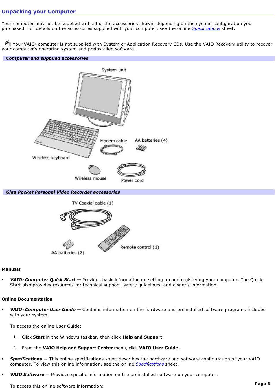 Unpacking your computer | Sony PCV-V100G User Manual | Page 3 / 136