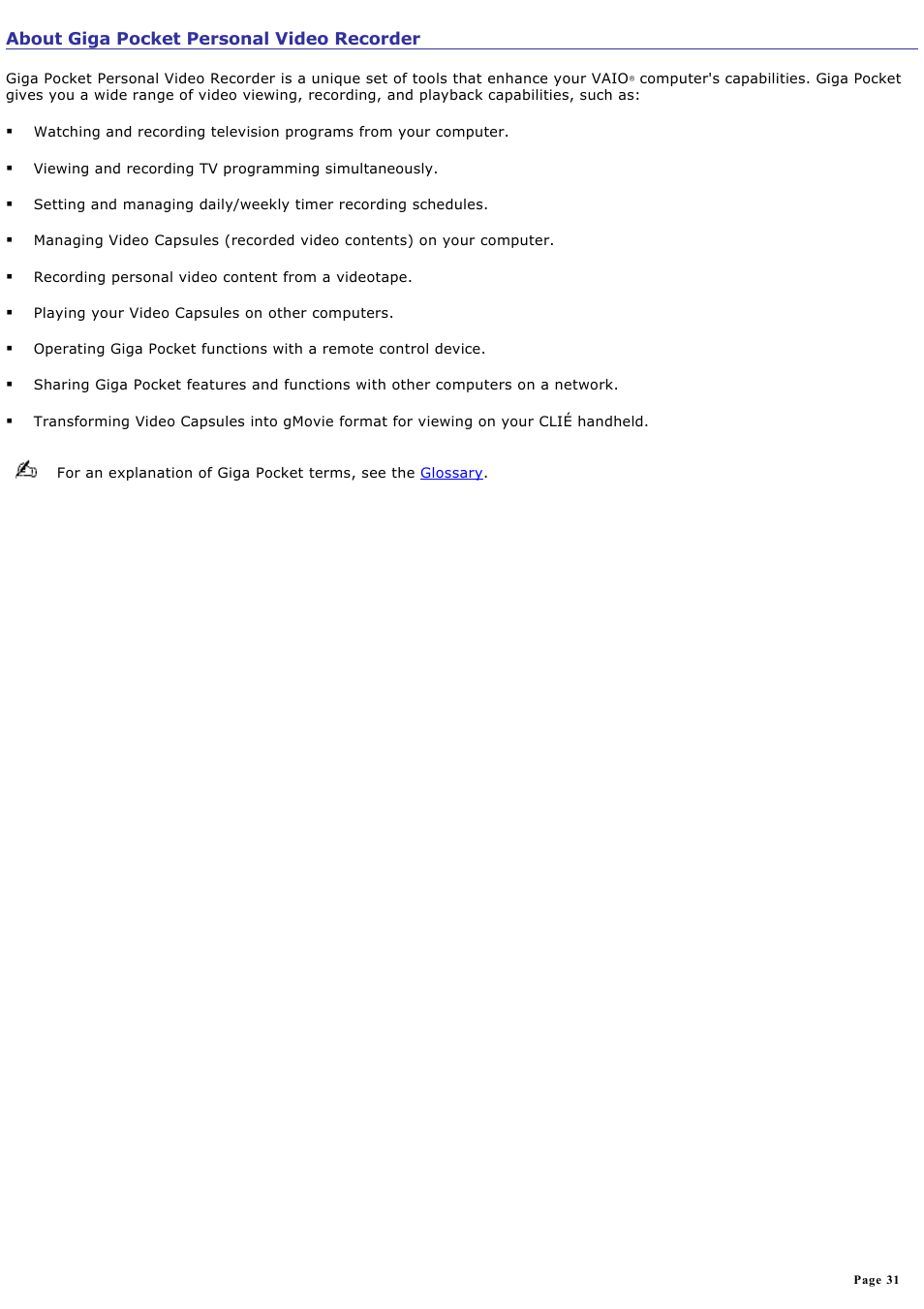 About giga pocket personal video recorder | Sony PCV-V100G User Manual | Page 31 / 136