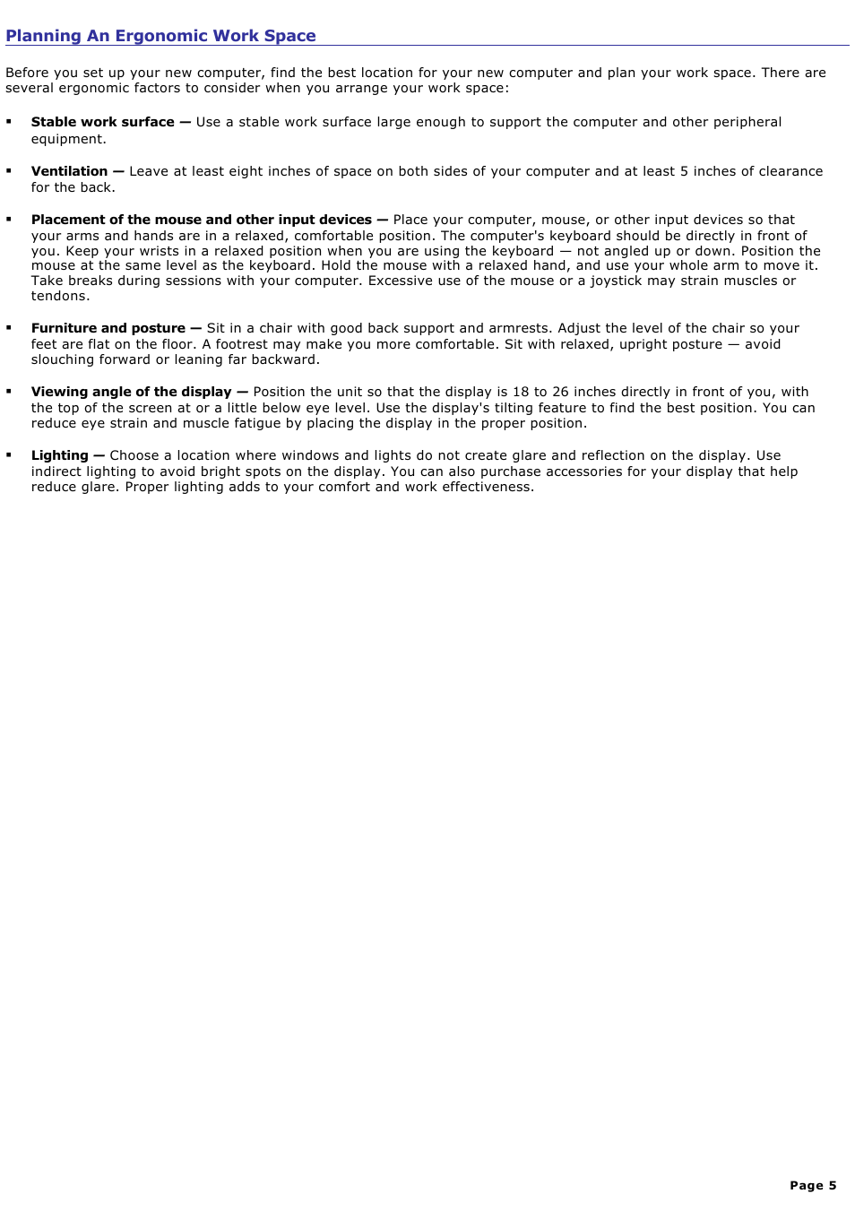 Planning an ergonomic work space | Sony PCV-V100G User Manual | Page 5 / 136