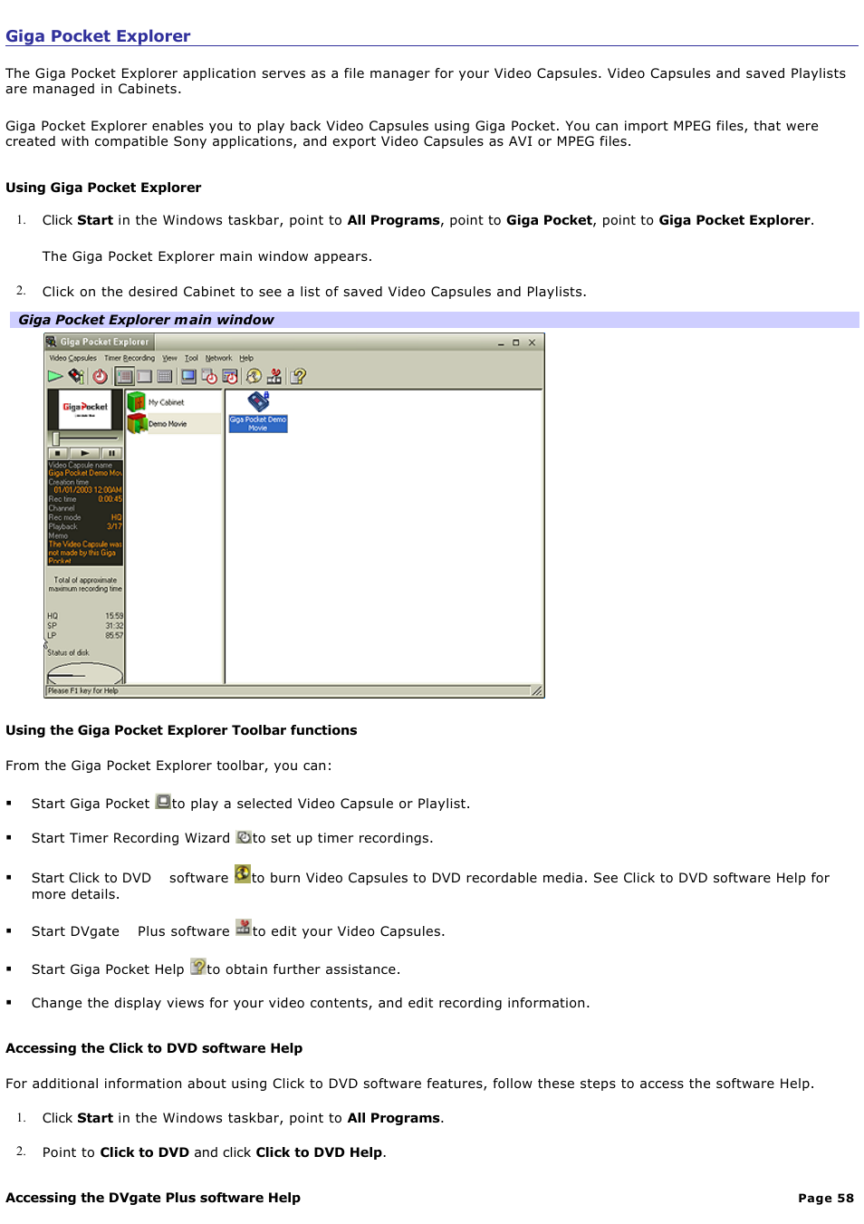 Giga pocket explorer | Sony PCV-V100G User Manual | Page 58 / 136