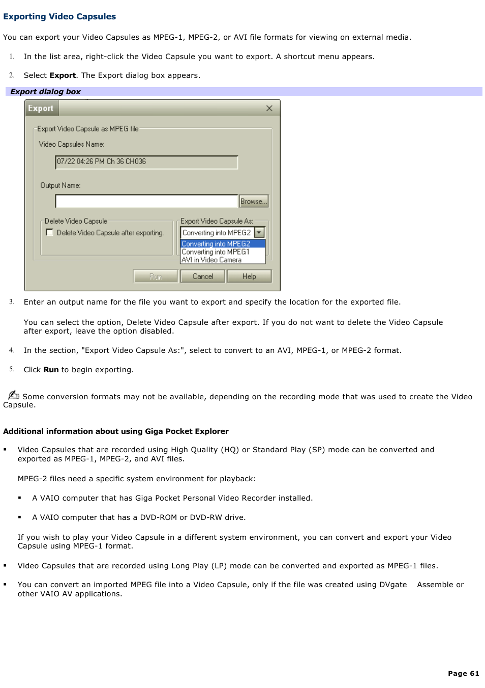 Exporting video capsules | Sony PCV-V100G User Manual | Page 61 / 136