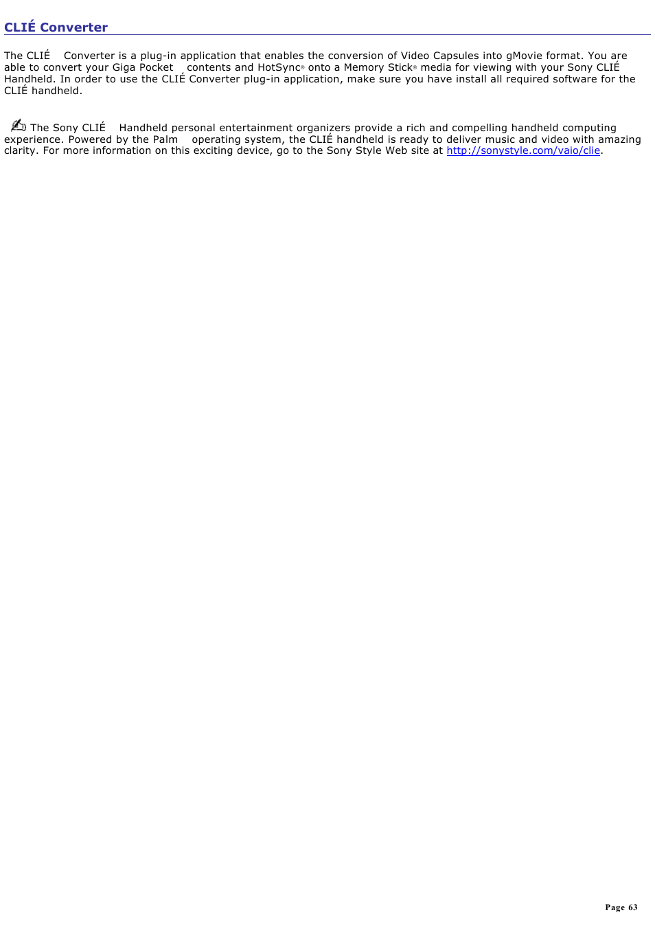 CliÉ converter, Clié converter | Sony PCV-V100G User Manual | Page 63 / 136