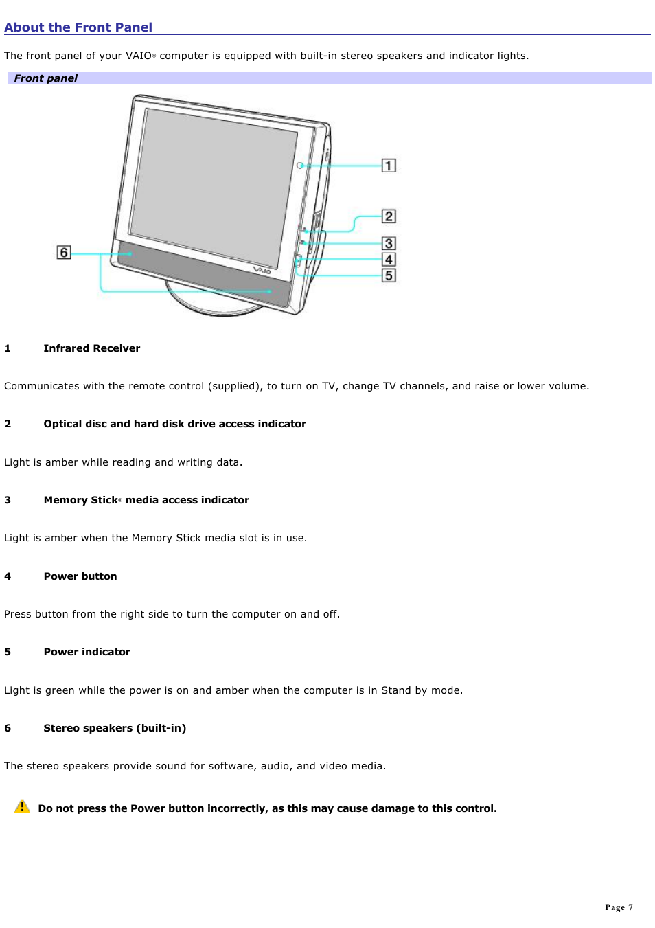 About the front panel | Sony PCV-V100G User Manual | Page 7 / 136