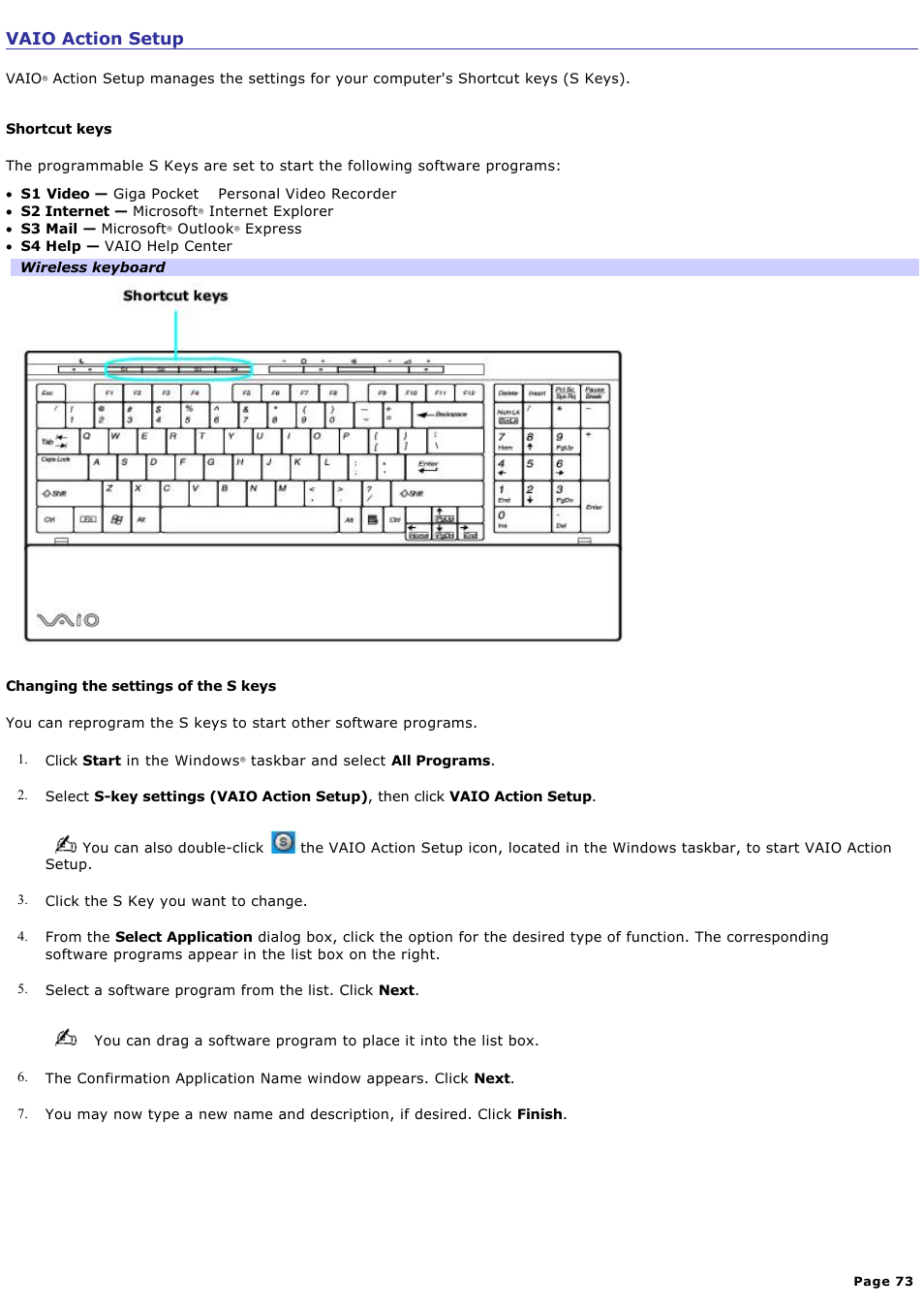 Vaio action setup | Sony PCV-V100G User Manual | Page 73 / 136