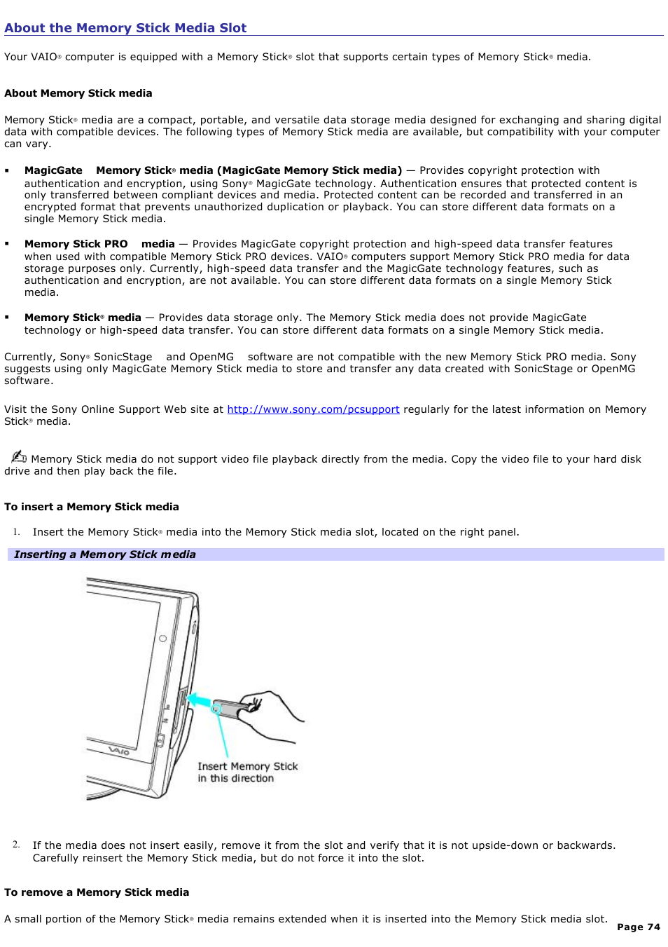 About the memory stick media slot | Sony PCV-V100G User Manual | Page 74 / 136