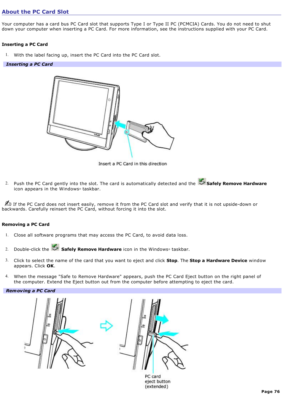 About the pc card slot | Sony PCV-V100G User Manual | Page 76 / 136