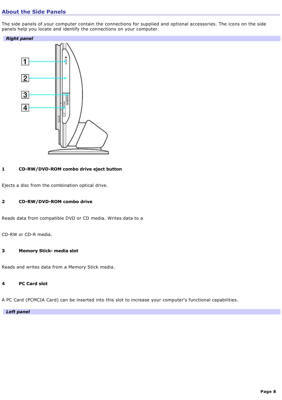 About the side panels | Sony PCV-V100G User Manual | Page 8 / 136