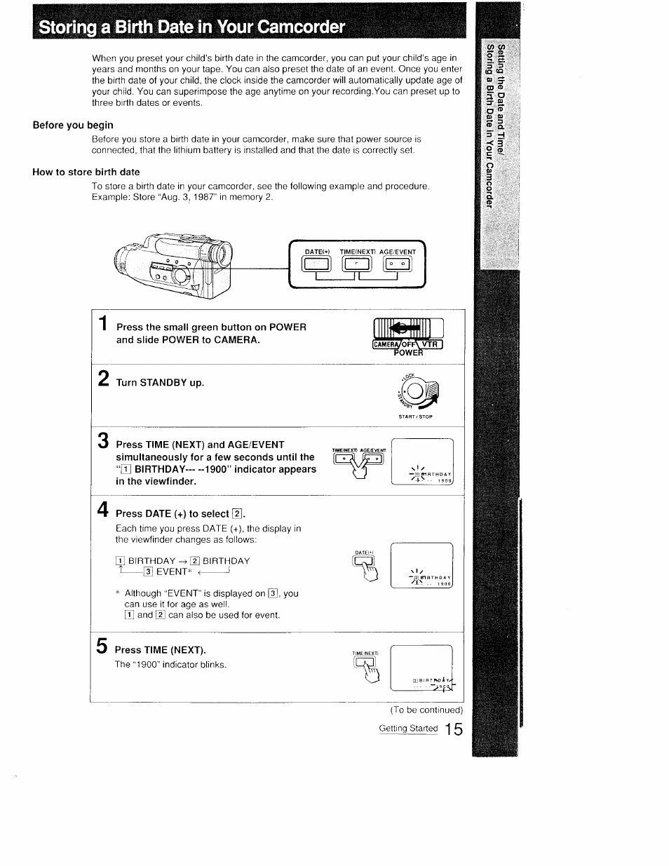 Storing a birth date in your camcorder, Before you begin, How to store birth date | Sony CCD-FX410 User Manual | Page 15 / 75