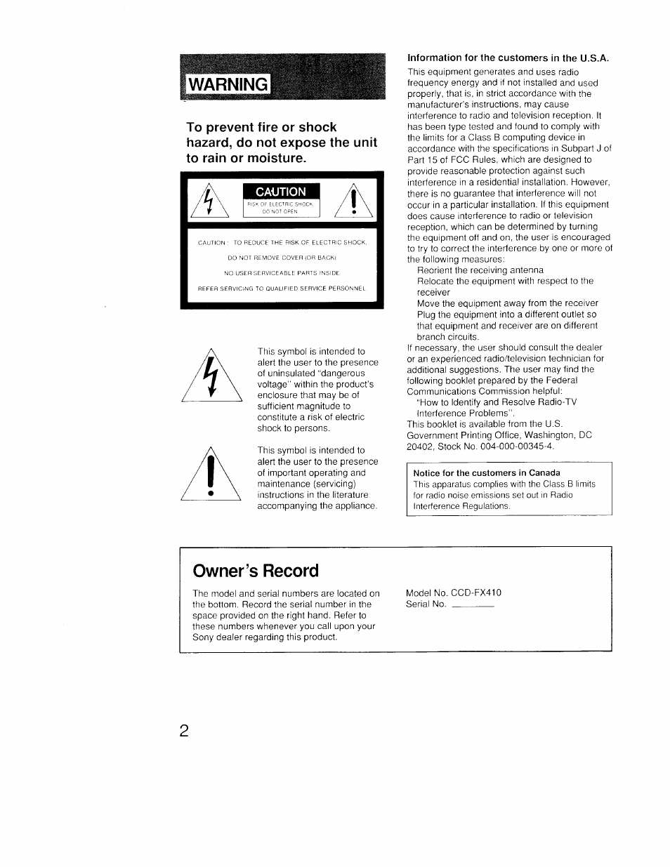 Information for the customers in the u.s.a, Owner’s record | Sony CCD-FX410 User Manual | Page 2 / 75