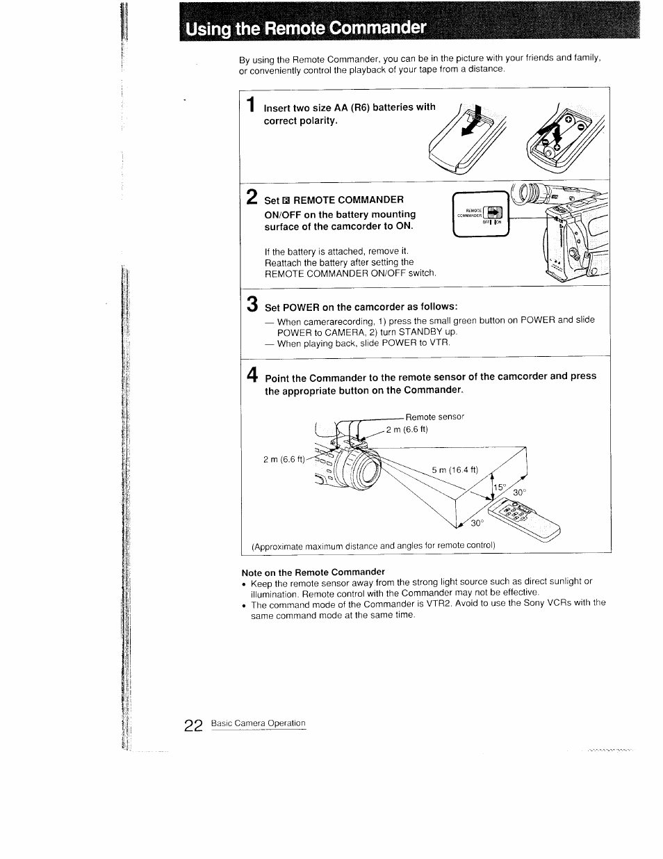 Using the remote commander, Set power on the camcorder as follows | Sony CCD-FX410 User Manual | Page 22 / 75