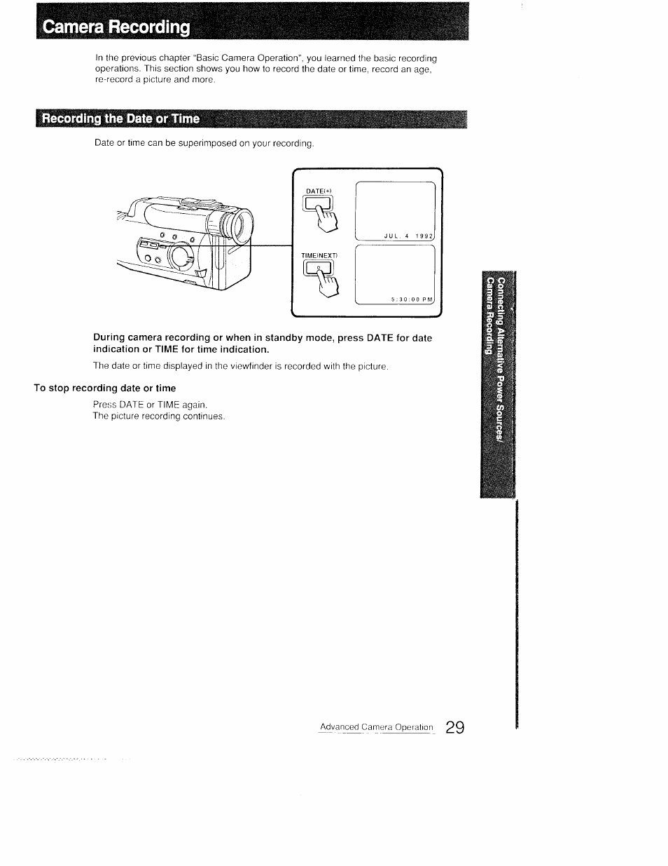 Camera recording, To stop recording date or time | Sony CCD-FX410 User Manual | Page 29 / 75
