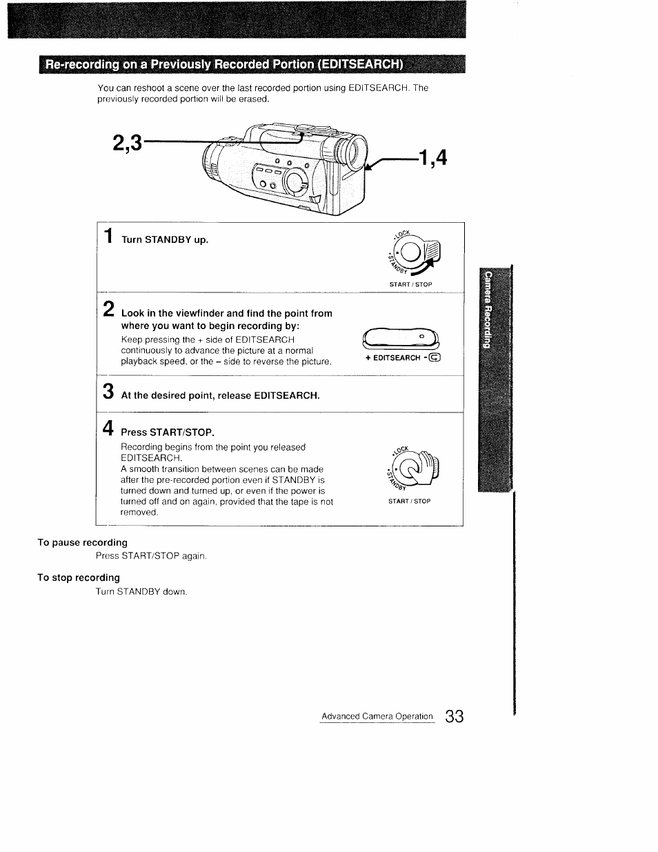 Turn standby up, At the desired point, release editsearch, Press start/stop | To pause recording, To stop recording | Sony CCD-FX410 User Manual | Page 33 / 75