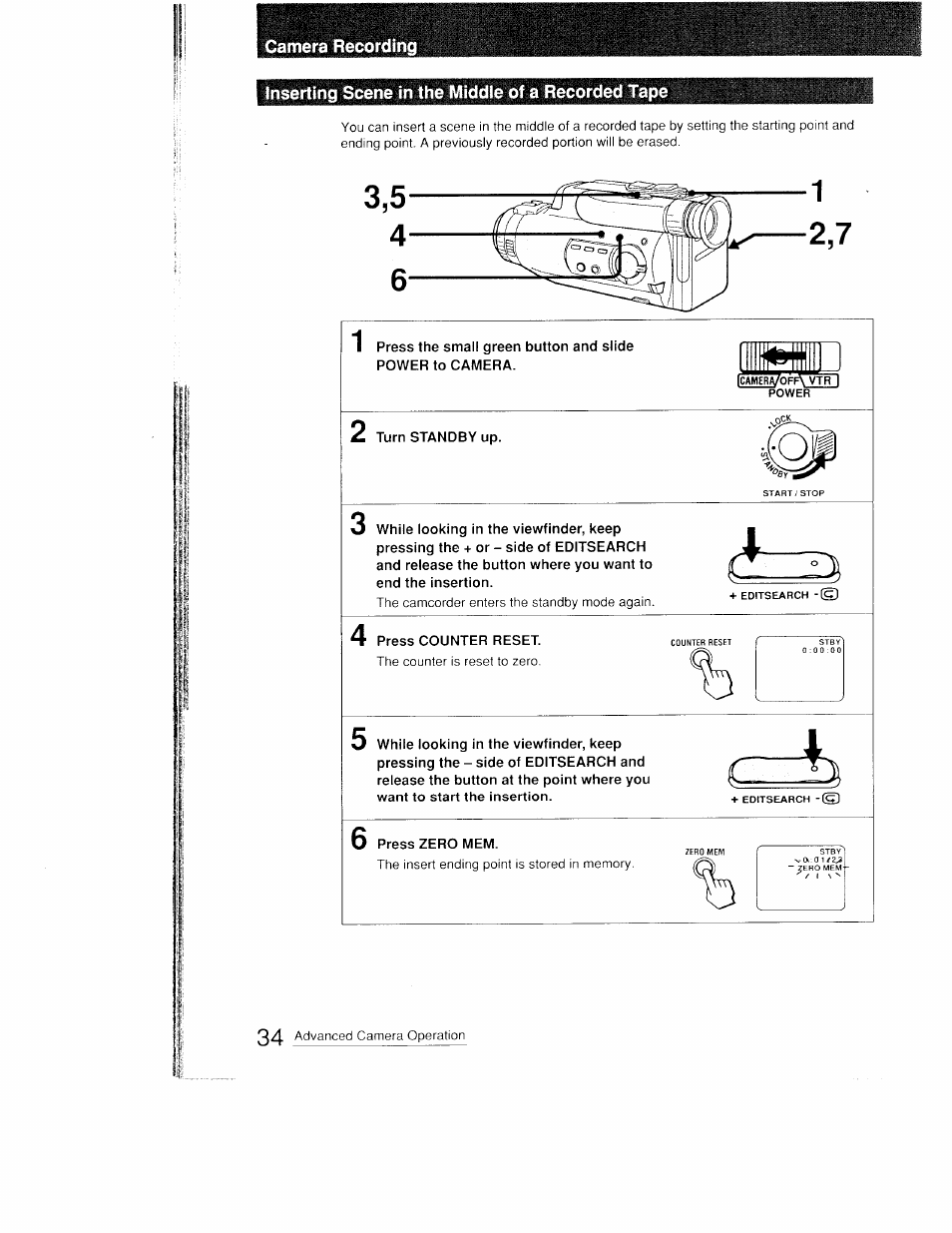 Camera recor, Inserting scene in the middle of a recorded tape | Sony CCD-FX410 User Manual | Page 34 / 75