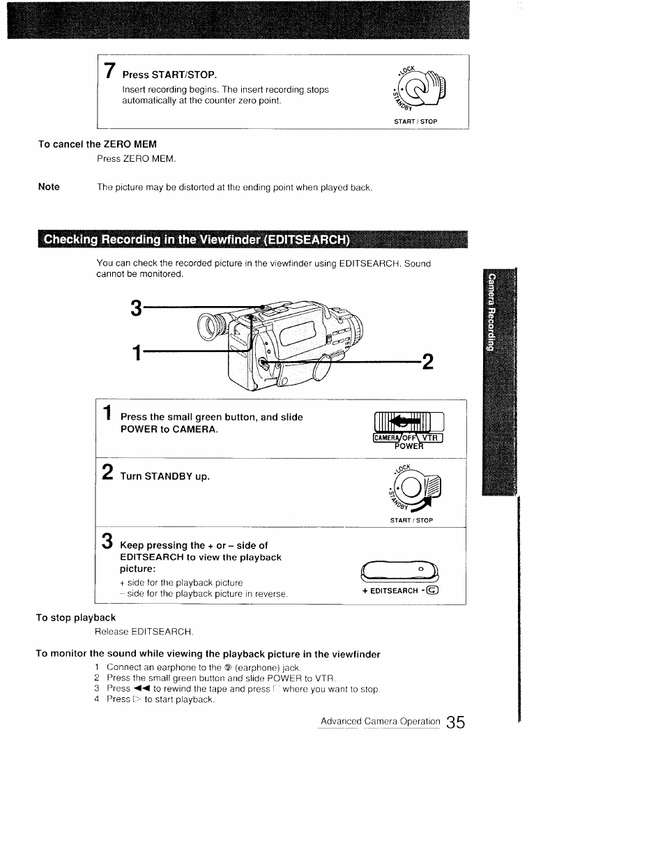 Press start/stop, To cancel the zero mem, Checking recording in the viewfinder (editsearch) | Turn standby up, To stop playback | Sony CCD-FX410 User Manual | Page 35 / 75