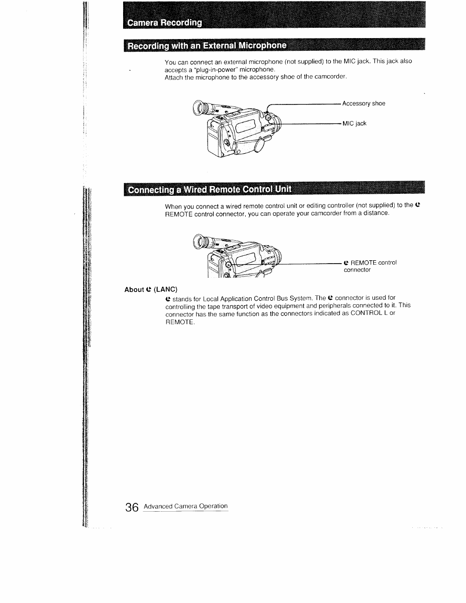 Camera recording, Recording with an external microphone, Connecting a wired remote control unit | About c (lanc) | Sony CCD-FX410 User Manual | Page 36 / 75