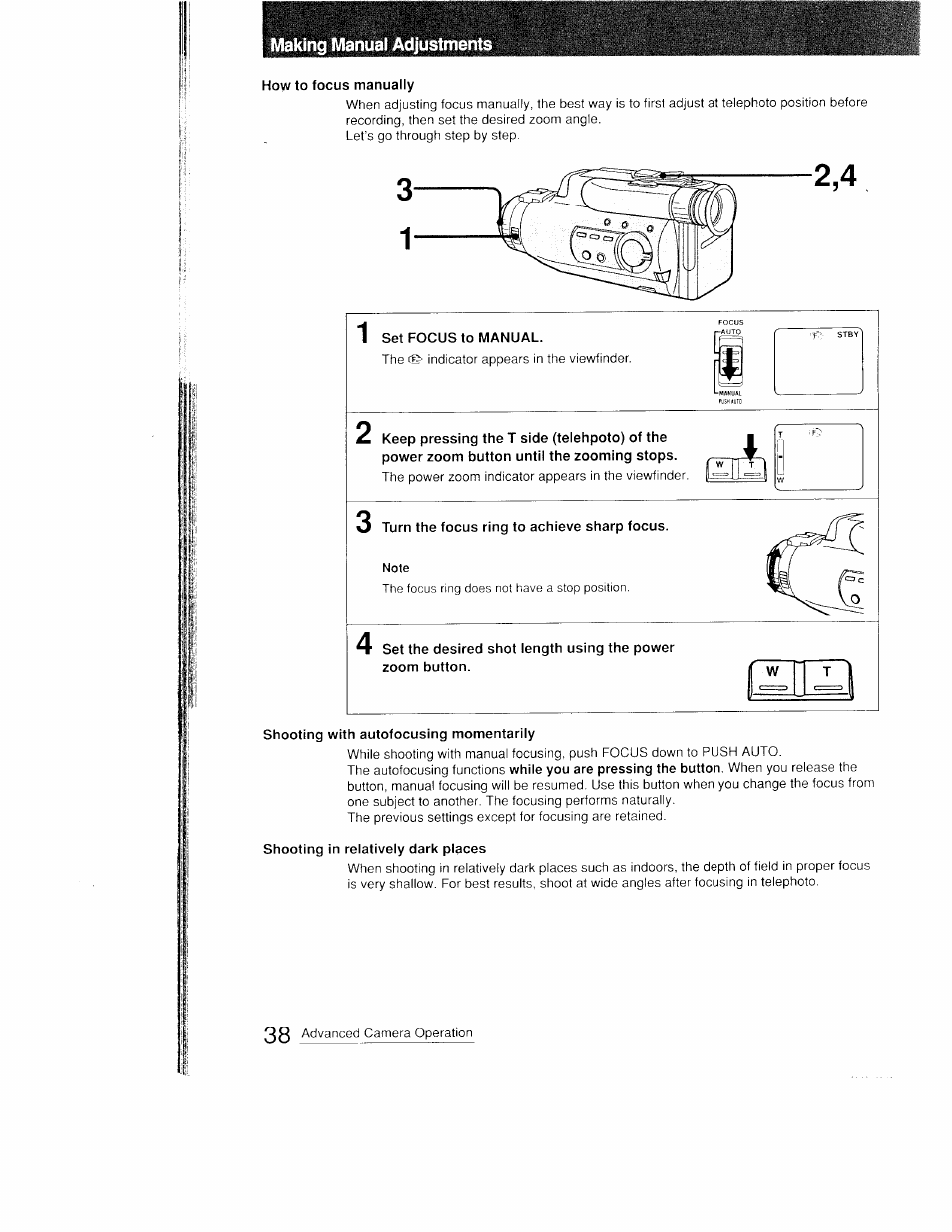 Making manual adjustments, How to focus manually, 1 set focus to manual | Turn the focus ring to achieve sharp focus, Shooting with autofocusing momentarily, Shooting in relatively dark places | Sony CCD-FX410 User Manual | Page 38 / 75