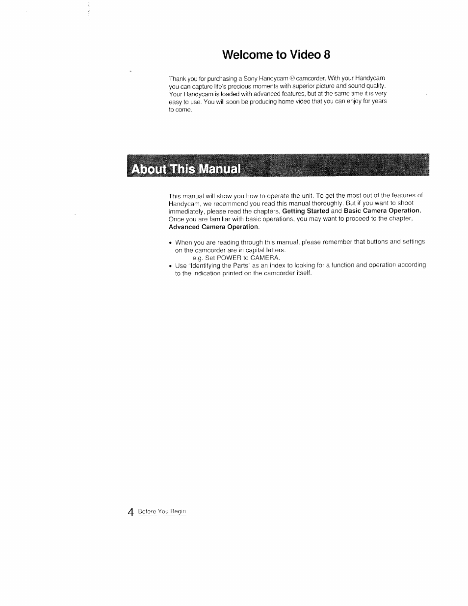 About this manual, Welcome to video 8 | Sony CCD-FX410 User Manual | Page 4 / 75