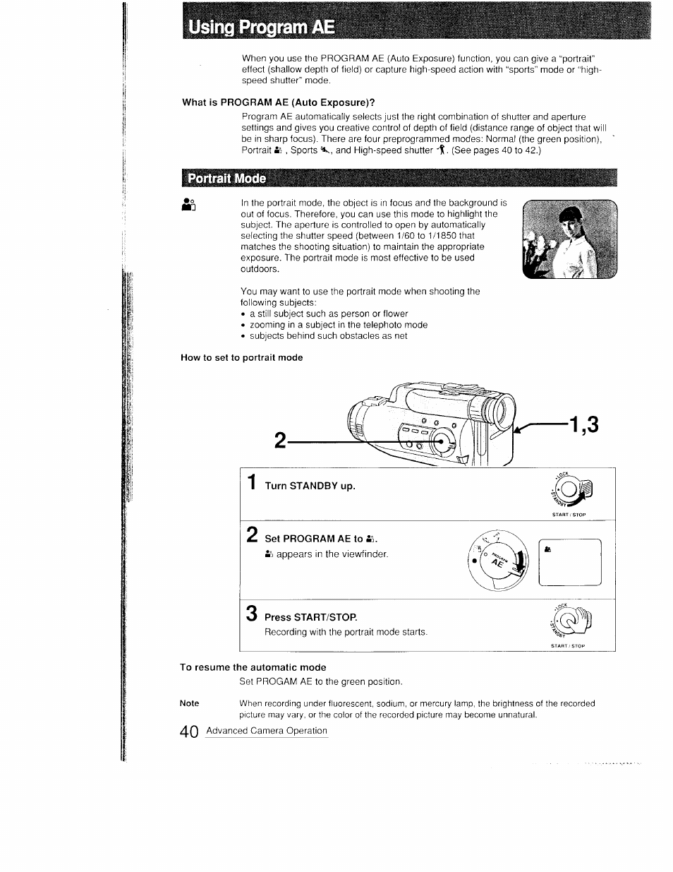 What is program ae (auto exposure), Portrait mo, To resume the automatic mode | Portrait mode | Sony CCD-FX410 User Manual | Page 40 / 75