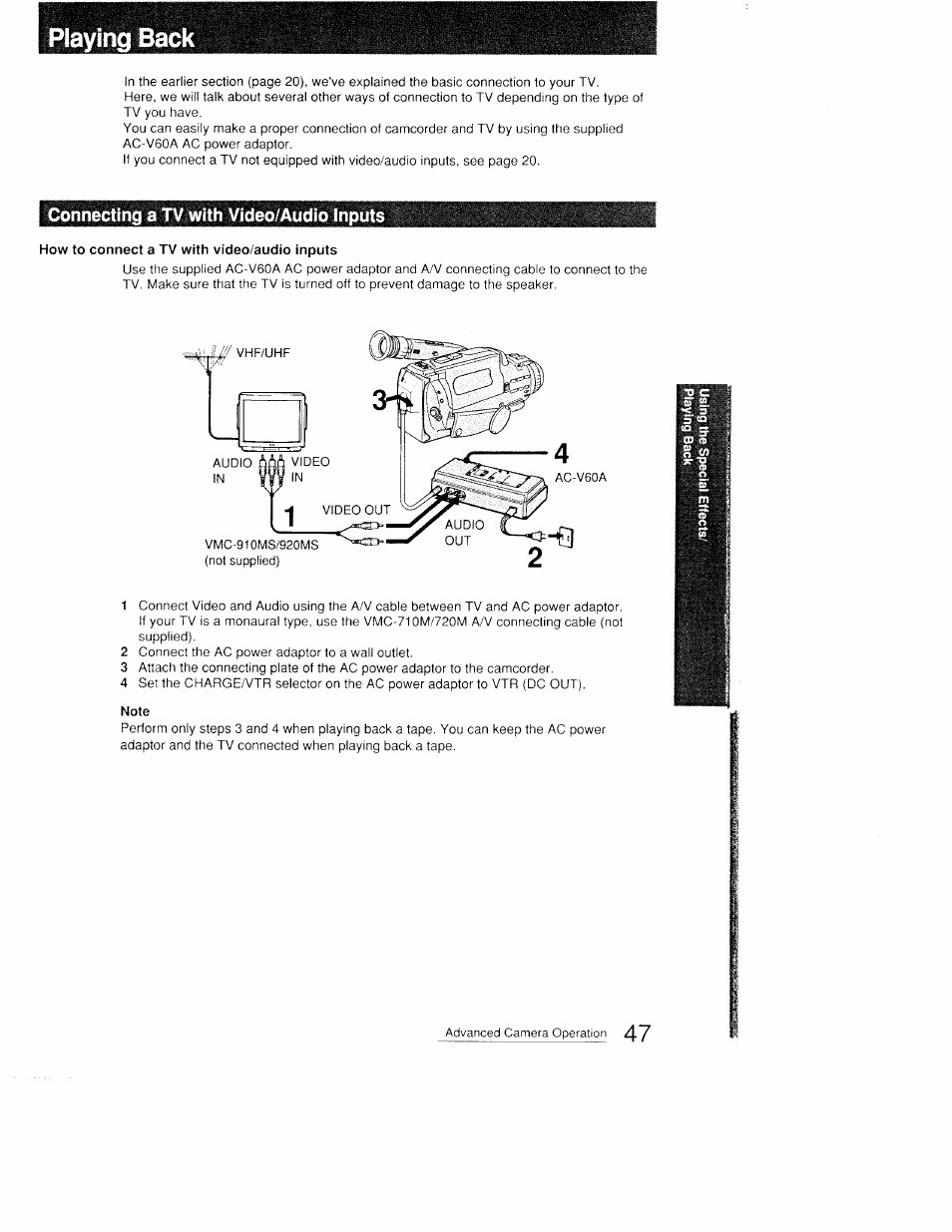 Playing back, Connecting a tv with video/audio inputs, How to connect a tv with video/audio inputs | Sony CCD-FX410 User Manual | Page 47 / 75