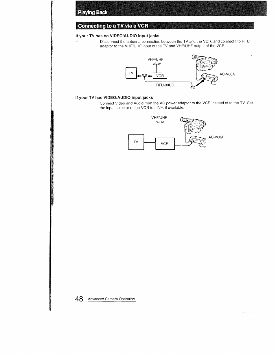 Connecting to a tv via a vcr, If your tv has no video/audio input jacks, If your tv has video/audio input jacks | Hihbihihhi | Sony CCD-FX410 User Manual | Page 48 / 75