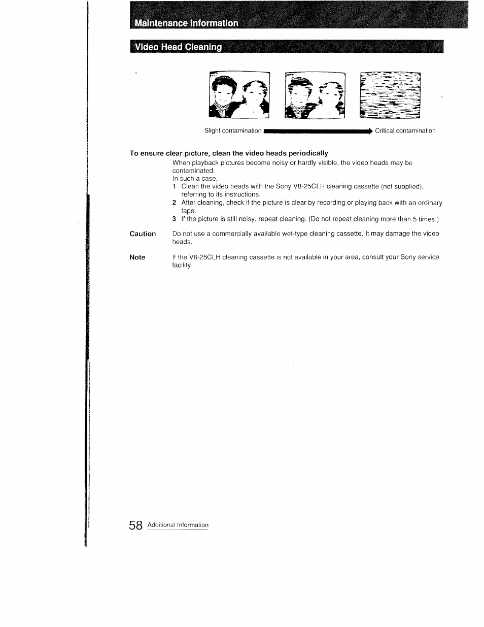 Maintenance information, Video head cleaning | Sony CCD-FX410 User Manual | Page 58 / 75