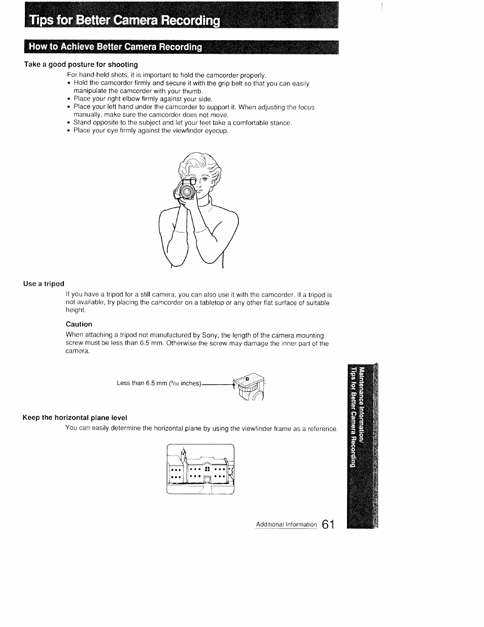 Tips for better camera recording, How to achieve better camera recording, Take a good posture for shooting | Use a tripod, Caution, Keep the horizontal plane level | Sony CCD-FX410 User Manual | Page 61 / 75