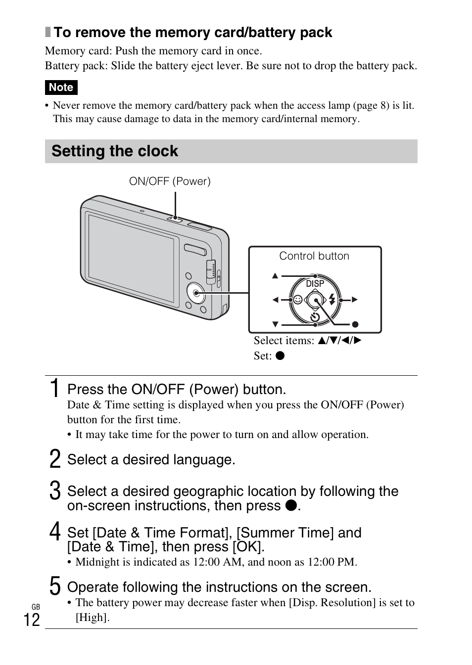 Setting the clock | Sony DSC-W650 User Manual | Page 12 / 52