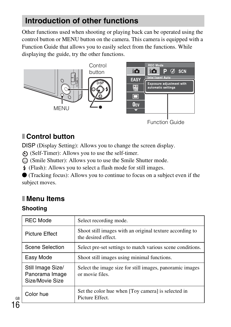 Introduction of other functions, Xcontrol button, Xmenu items | Sony DSC-W650 User Manual | Page 16 / 52