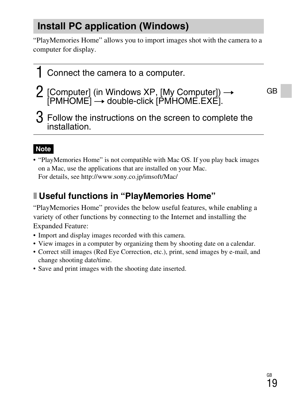 Install pc application (windows) | Sony DSC-W650 User Manual | Page 19 / 52