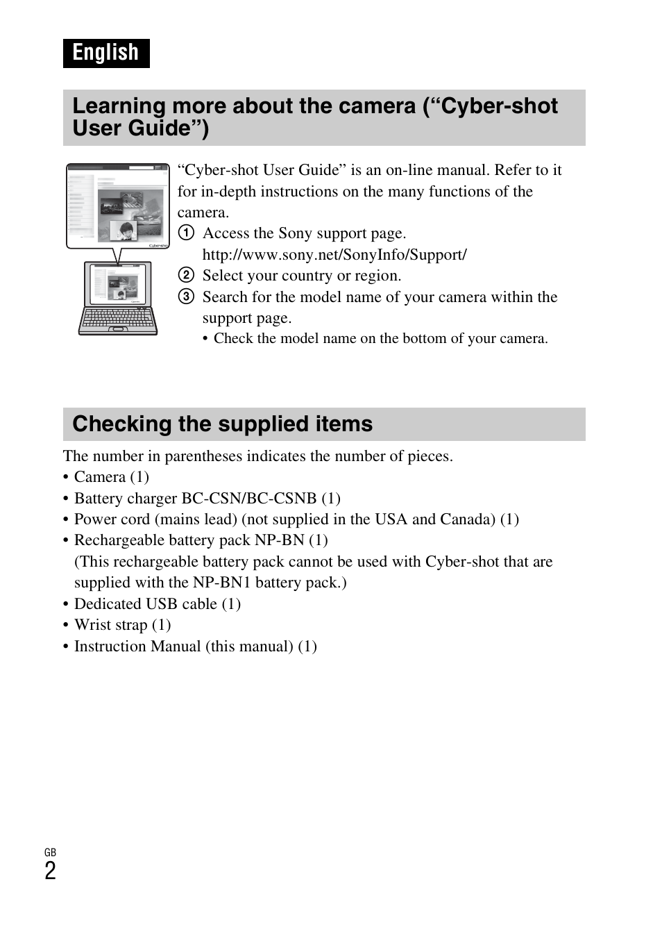 English, Checking the supplied items | Sony DSC-W650 User Manual | Page 2 / 52