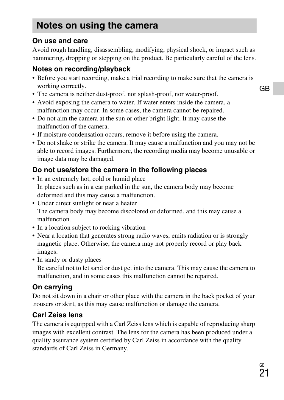 Notes on using the camera | Sony DSC-W650 User Manual | Page 21 / 52