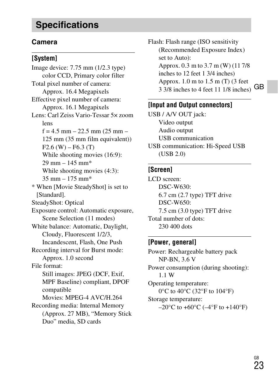 Specifications | Sony DSC-W650 User Manual | Page 23 / 52