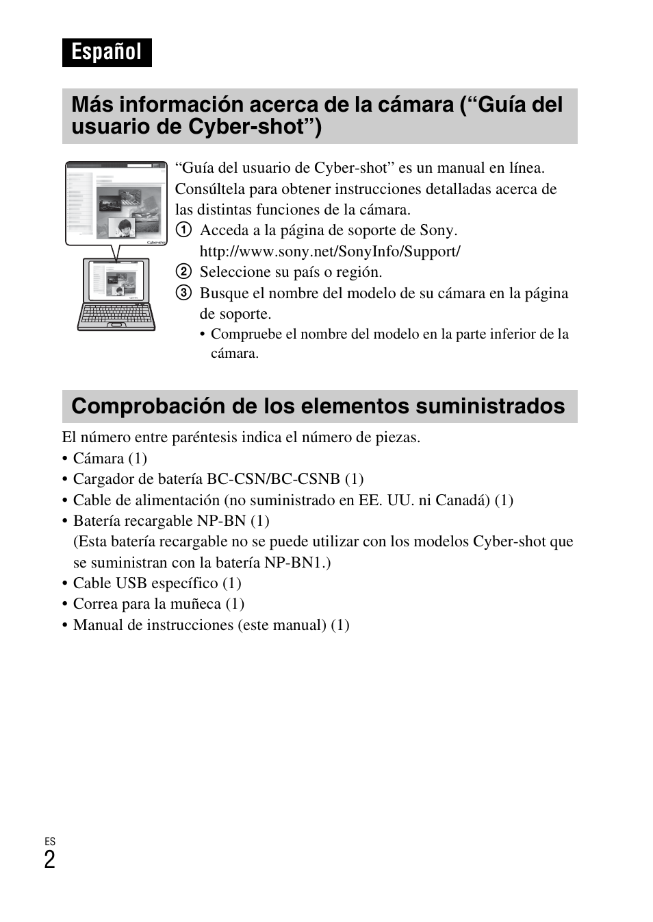 Español, Comprobación de los elementos suministrados | Sony DSC-W650 User Manual | Page 26 / 52