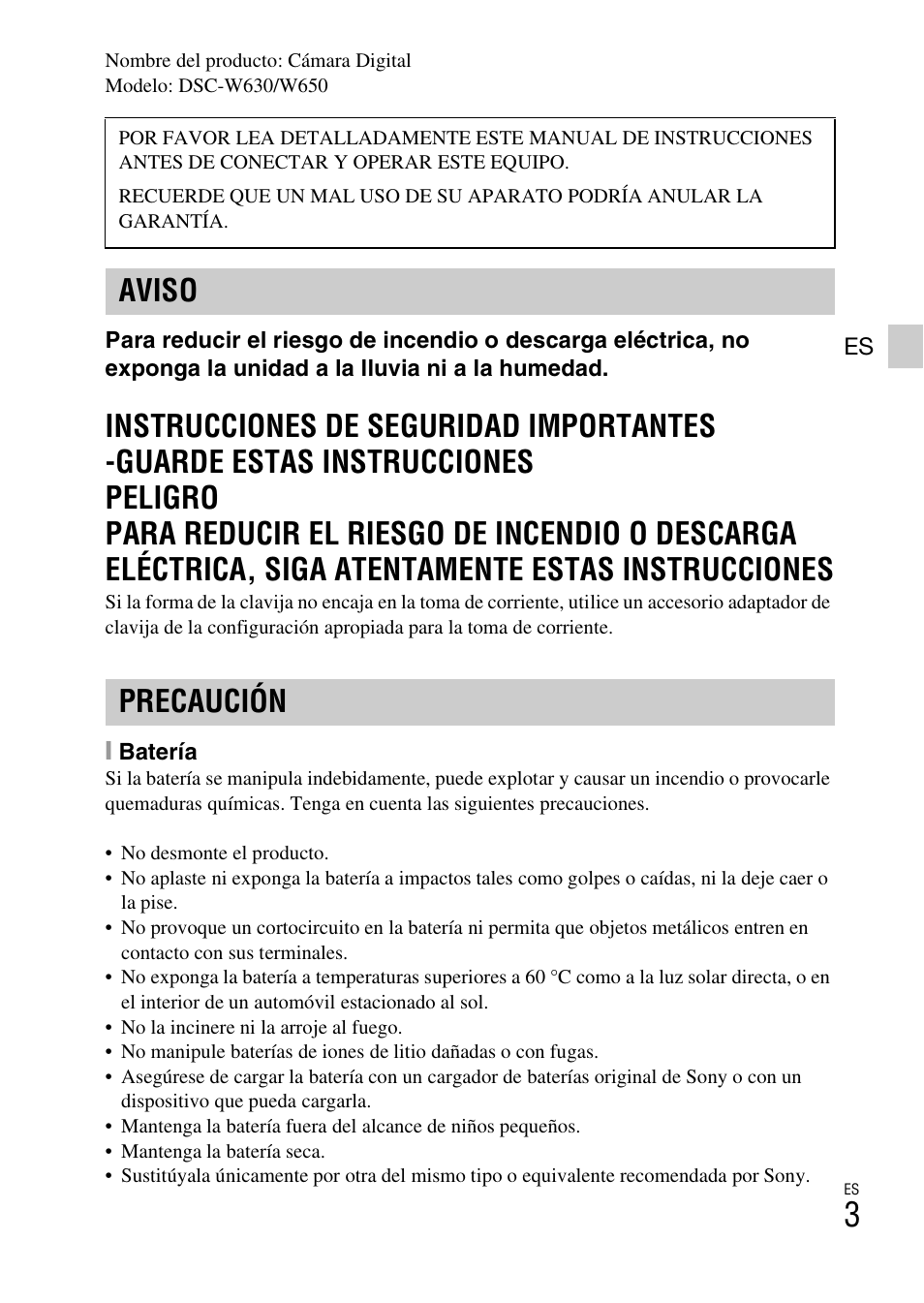 Aviso precaución | Sony DSC-W650 User Manual | Page 27 / 52