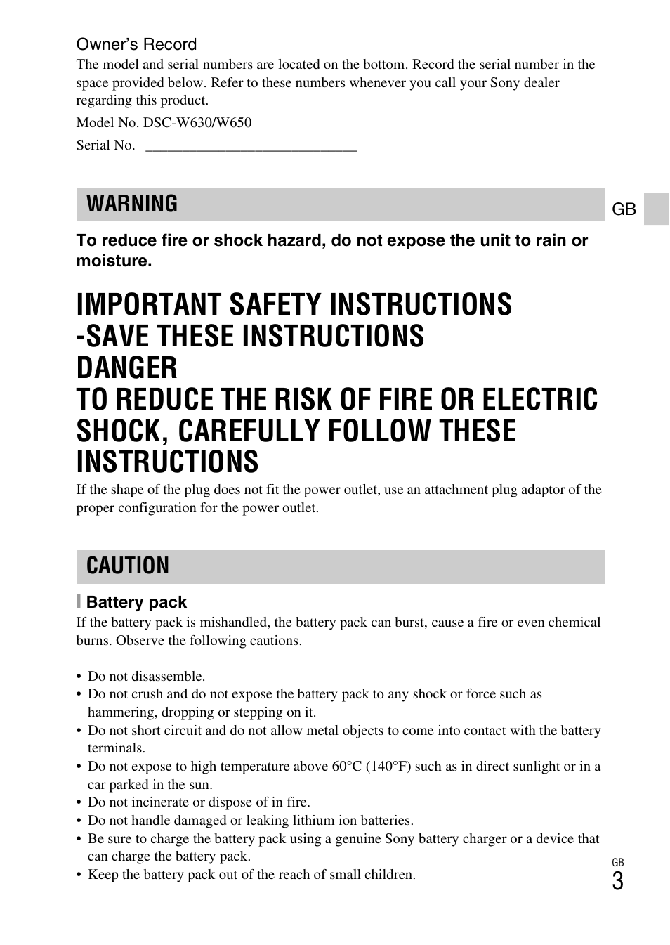 Warning caution | Sony DSC-W650 User Manual | Page 3 / 52