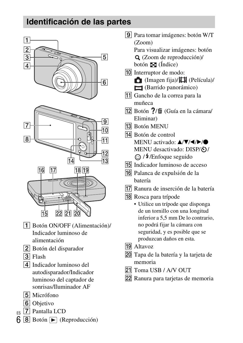 Identificación de las partes | Sony DSC-W650 User Manual | Page 30 / 52