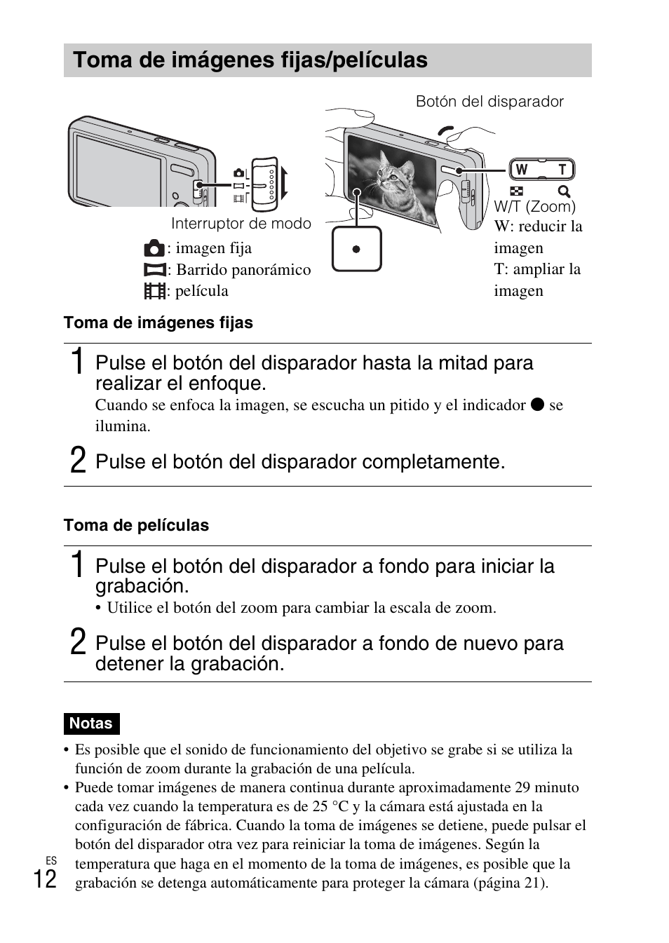 Toma de imágenes fijas/películas | Sony DSC-W650 User Manual | Page 36 / 52