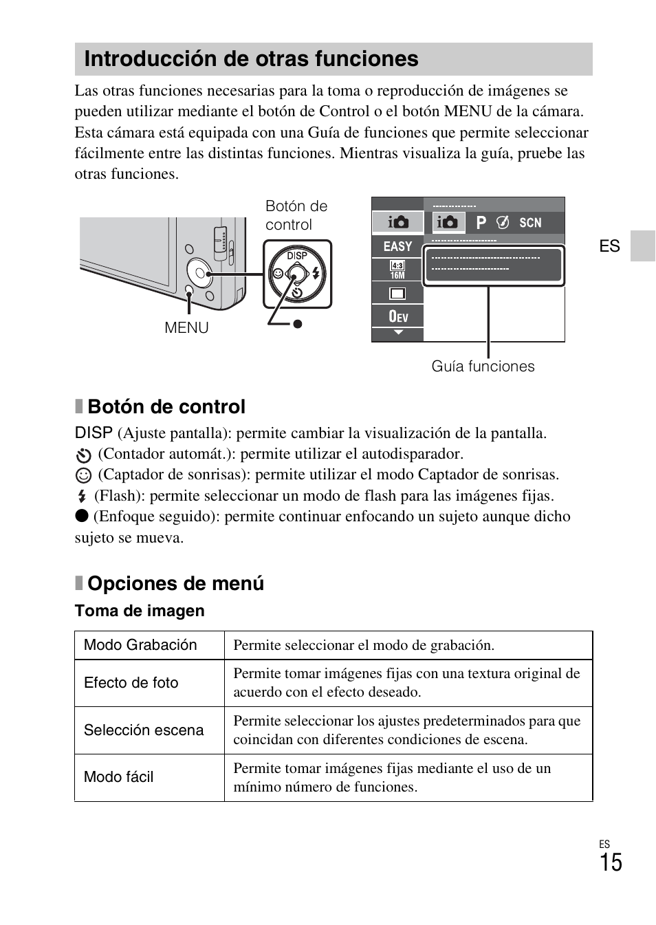 Introducción de otras funciones, Xbotón de control, Xopciones de menú | Sony DSC-W650 User Manual | Page 39 / 52