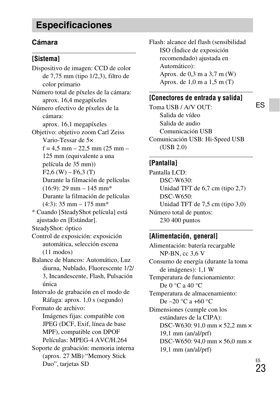 Especificaciones | Sony DSC-W650 User Manual | Page 47 / 52