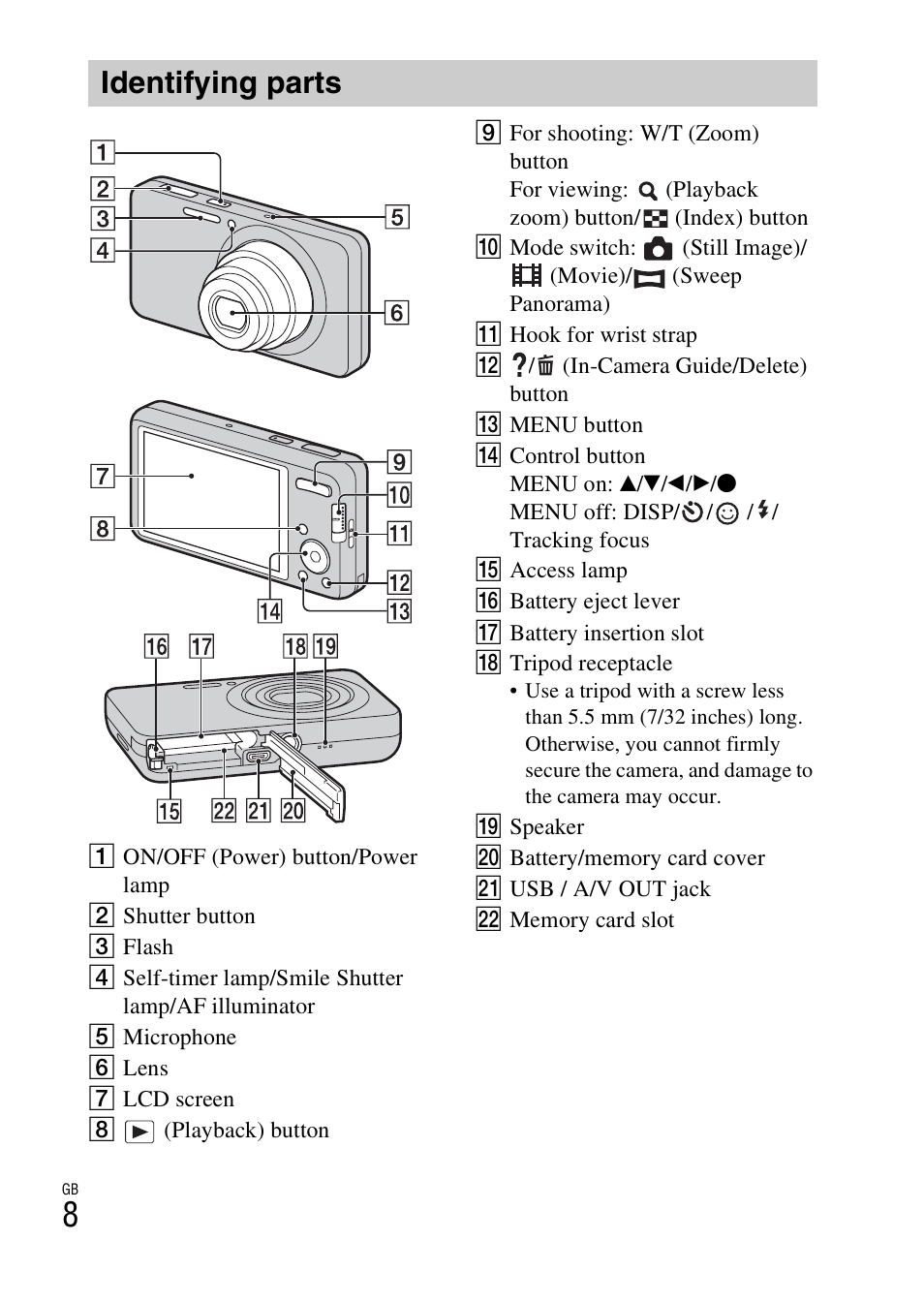 Identifying parts | Sony DSC-W650 User Manual | Page 8 / 52