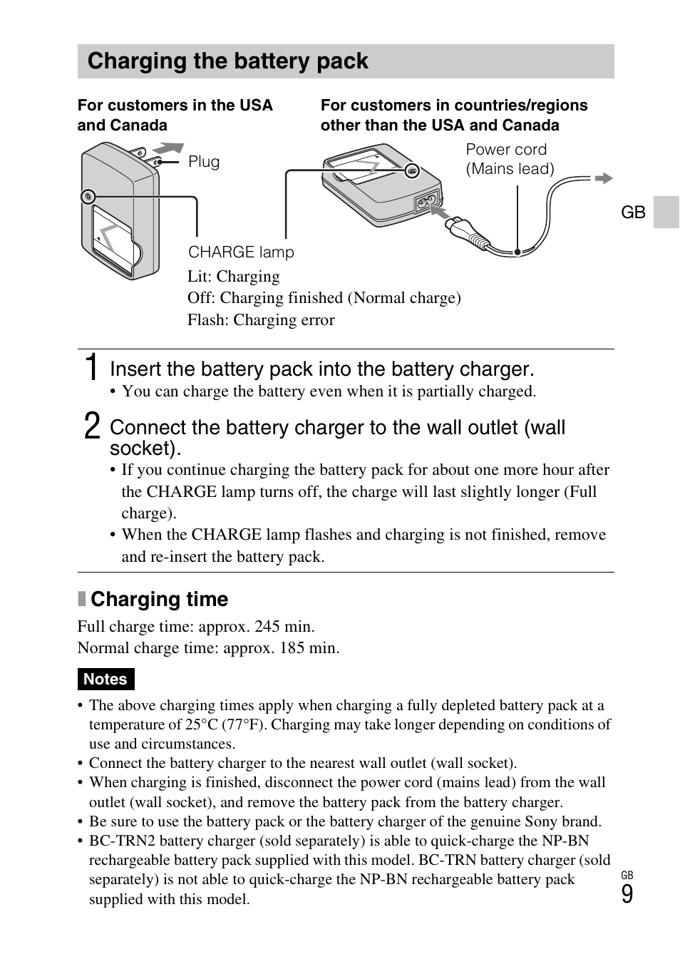 Charging the battery pack | Sony DSC-W650 User Manual | Page 9 / 52