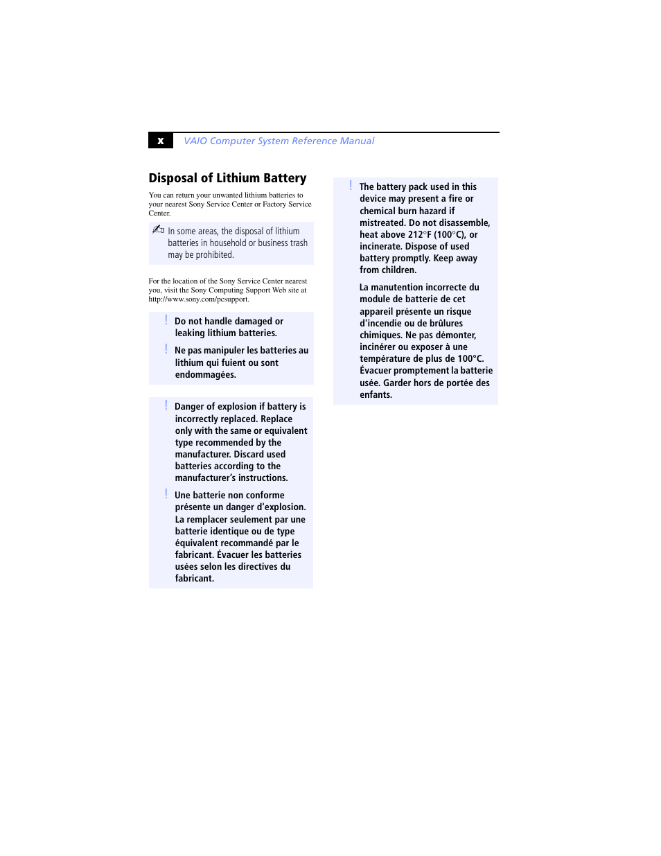 Disposal of lithium battery | Sony PCV-RS100 User Manual | Page 10 / 94