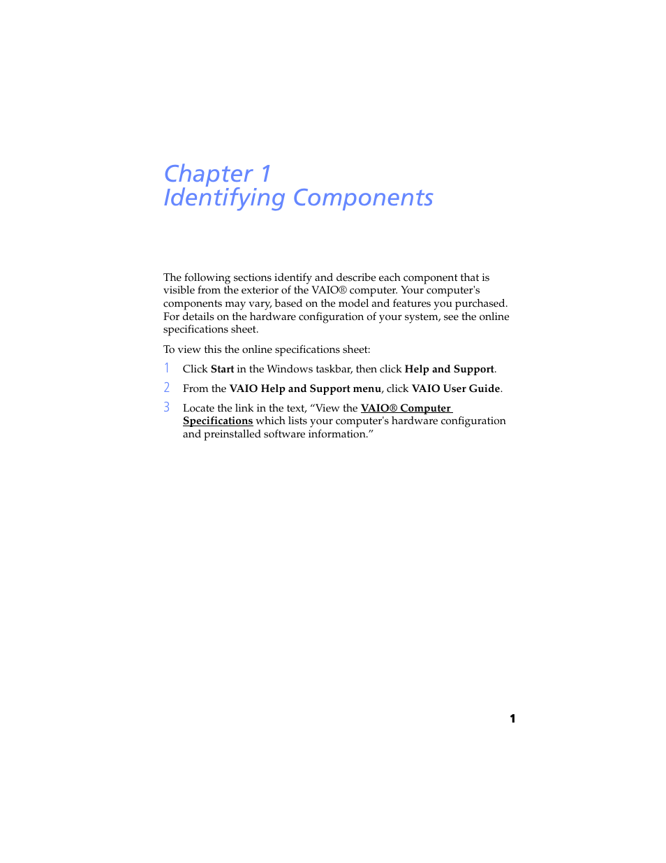 Identifying components, Chapter 1 — identifying components, Chapter 1 identifying components | Sony PCV-RS100 User Manual | Page 17 / 94