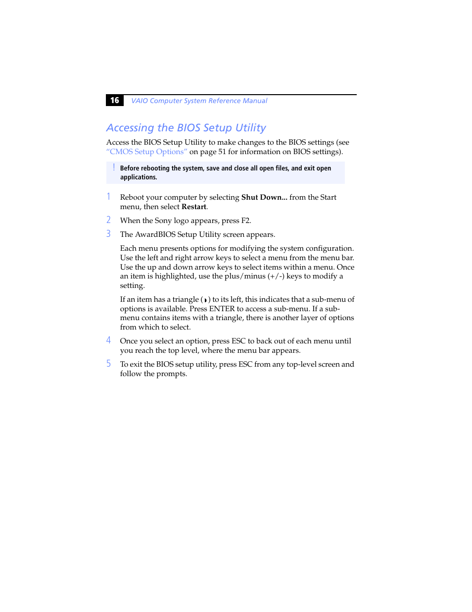 Accessing the bios setup utility | Sony PCV-RS100 User Manual | Page 32 / 94